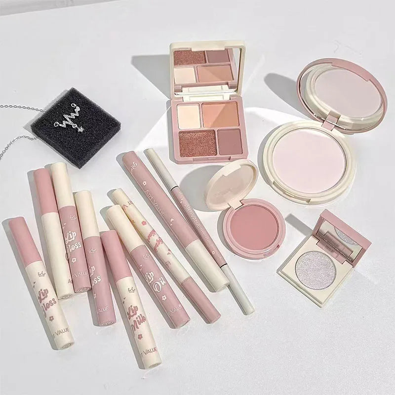Makeup Set Include 4Lip Glaze,1Lip Oil,1Lip Cream,1Eyeliner,1Mascara,1Eyebrow Pen,1Blush,1Highlighter,1Eyeshadow,1Pressed Powder Qme