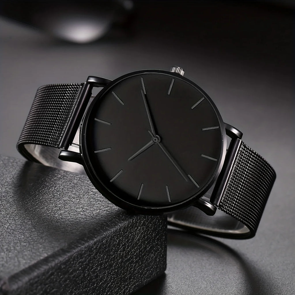 1pc Men's Stainless Steel Strap Charming Decorative Round Dial Quartz Watch & 1pc Bracelet For Everyday Use Qme
