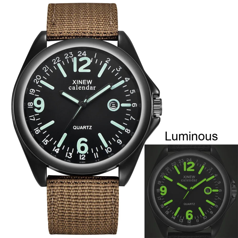 Man’s Luminous Fashion And Casual Versatile Canvas Strap Calendar Quartz Watch Basic Simple No Waterproof Black Round Dial Reloj Qme Brown No