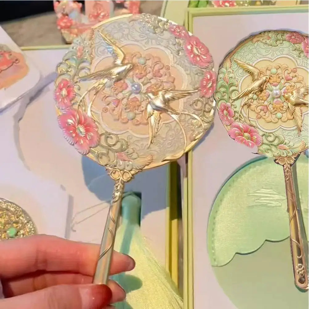 Vintage Chinese Mirror Hand Fancy Pretty Princess Handheld Long Qme