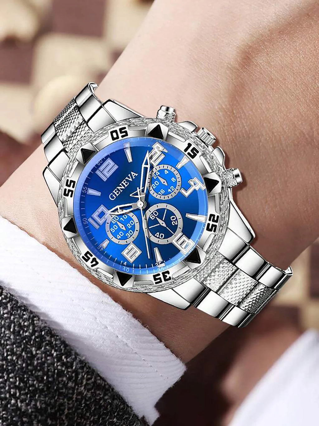 Casual Men's Quartz Watch And Diamond Embedded Cuban Bracelet Necklace Set for Daily Use Birthday Gift without Box Qme