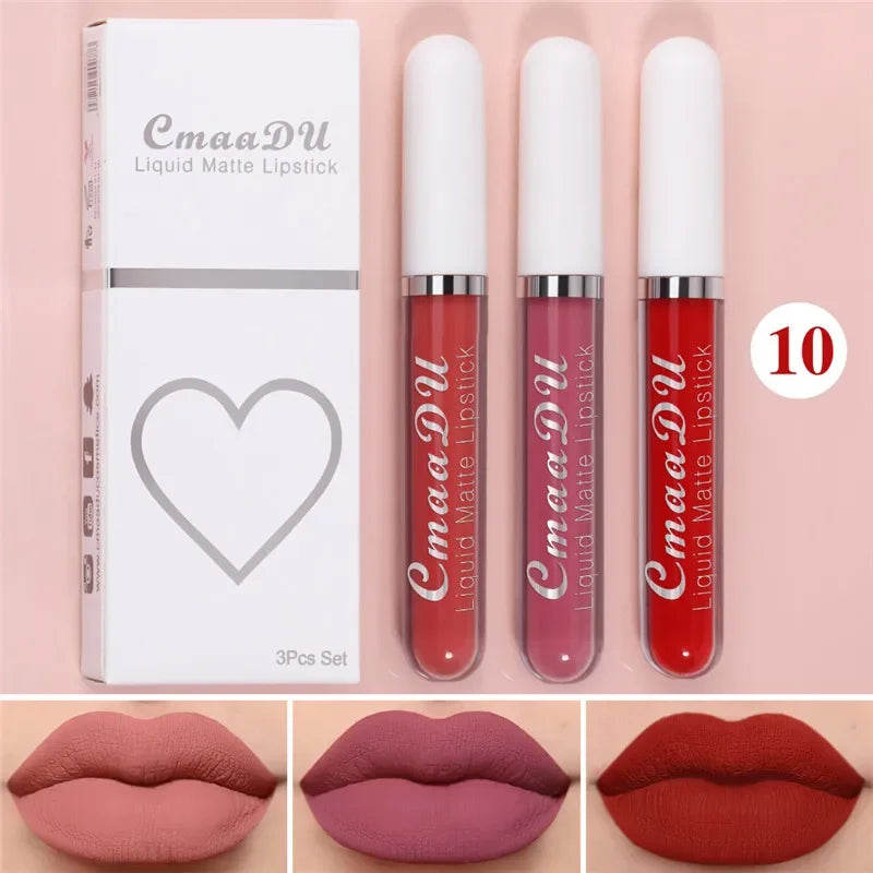 6 Colors/Set Fashion Matte Lip Gloss Sets Natural Moisturize Waterproof Lasting Velvet Sexy Red Liquid Lipstick Beauty Cosmetic Qme 10-3Pcs