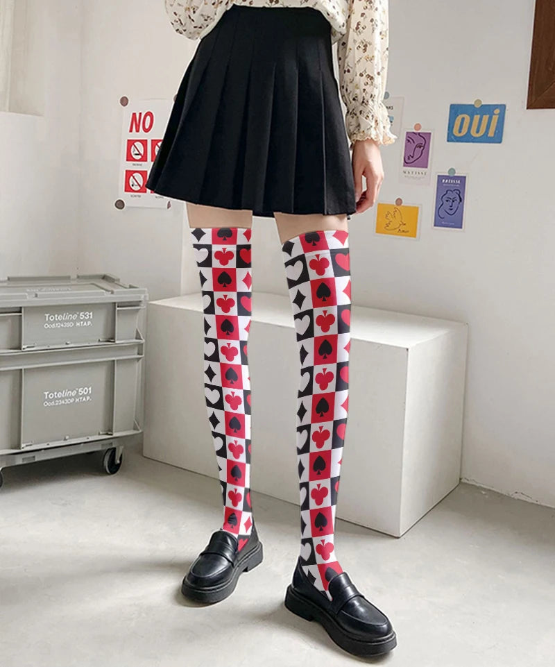Fashionable Poker Pattern Thigh Stockings Ladies Sexy Love Plaid Qme