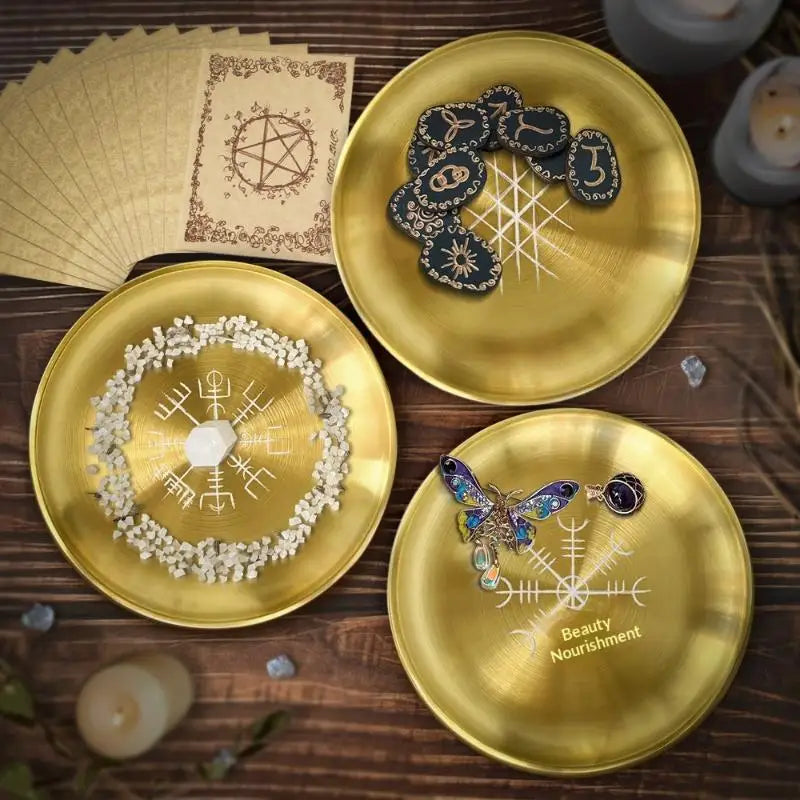 14cm Stainless Steel Plate Candlestick Ceremonial Ornament Engraving Plate Nordic Compass Crystal Storage Round Plate Qme