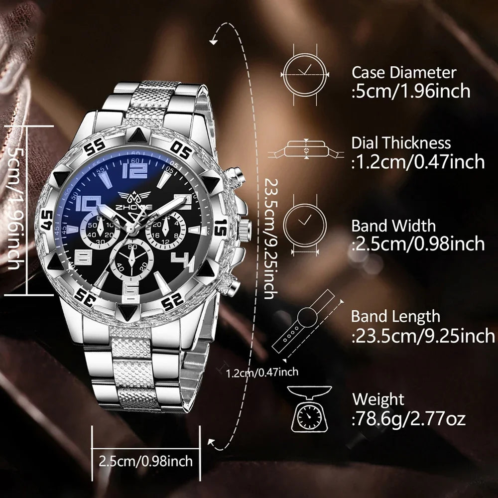 2PCS Silver Men's Watch Set Fashion Trend Business Quartz Watch Set Suitable for Daily Clothing Matching Perfect Gift Qme