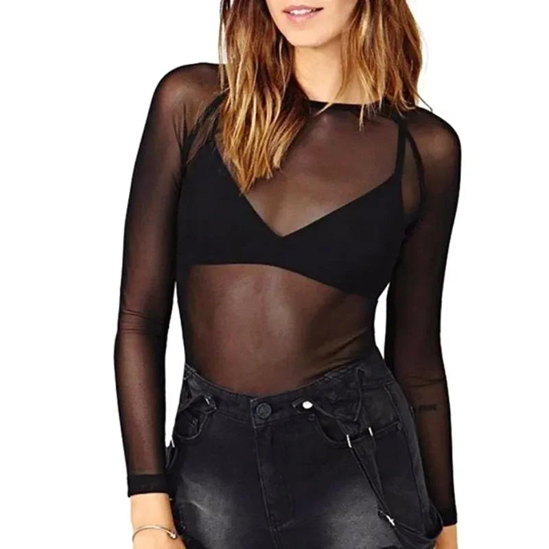 Black Sexy Women T Shirt See Through Transparent Punk Mesh Tops Long Qme