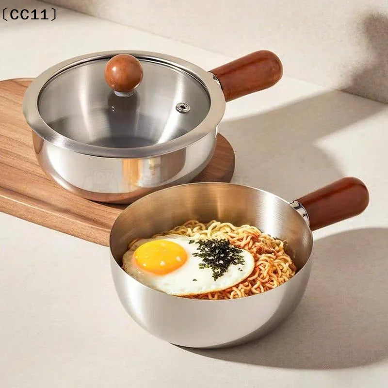 Stainless Steel Cooking Pans Wooden Handle Glass Lid Multi-purpose Qme