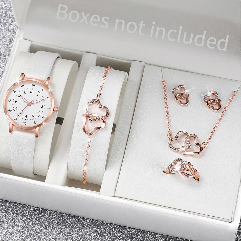 6PCS/Set Women's Quartz Watch Fashion Arabic Dial Leather Band Quartz Watch Jewelry Set（Without Box） Qme