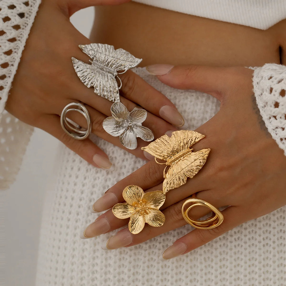 Fashion 5 Styles Creative Boho Metal Butterfly Flowers Ring for Women Fashion Statement 2025 Adjustable Finger Ring Wed Jewelry Qme