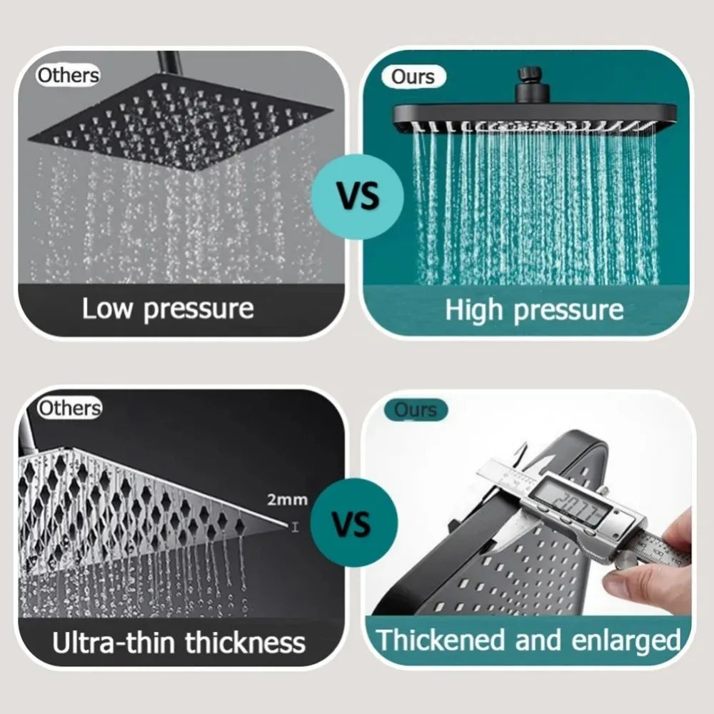 New 12 Inch High Pressure Top Spray Rain Shower Head Larger Flow Supercharge Rainfall Showerhead 360° Swivel Water Saving Qme