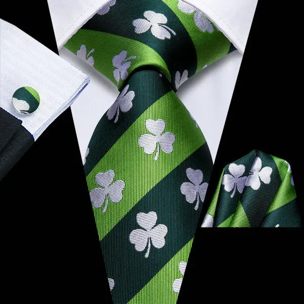 Hi-tie Four-leaf Clover Print Mens Necktie Green Wedding Tie Men Qme HT-LDSN0011