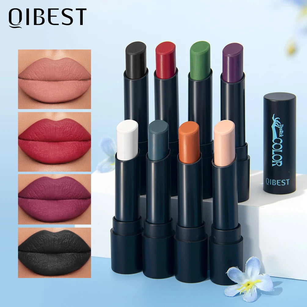 QIBEST 8 Colors Matte Lipstick Waterproof Velvet Sexy Red Lip Stain Popular Black Red Orange White Color Lasting Lipstick Makeup Qme