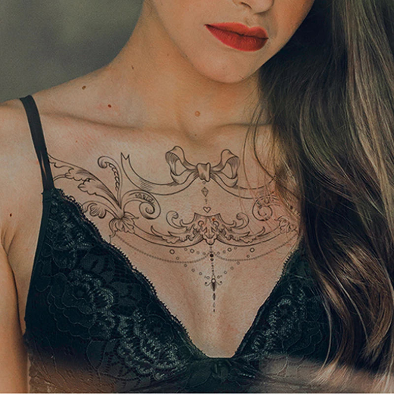 Black element sexy bow chest tattoo sticker, wave pattern, back and abdomen realistic temporary waterproof sticker. Qme