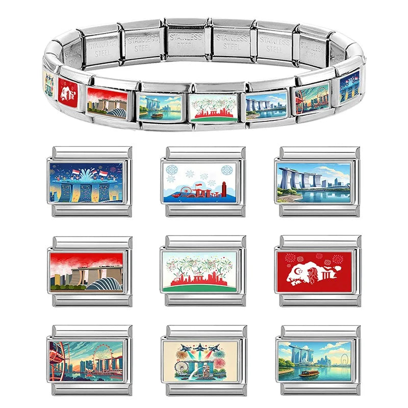 Fashion Colored Color Charm Ferris Wheel Lake City Scenery Italian Link Fit 9mm Stainless Steel Bracelet Jewelry Making DIY Gift Qme
