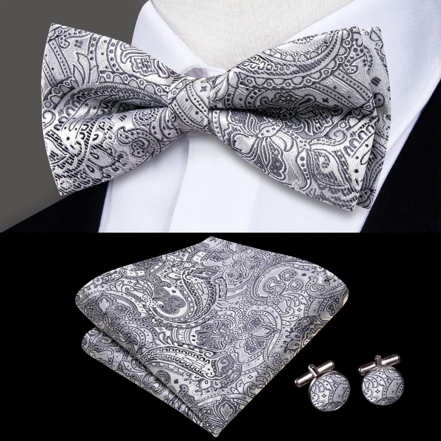 Hi-tie Grey Plaid Jacquard Pre-tied Mens Bow Tie Hanky Cufflinks Qme LH-2543