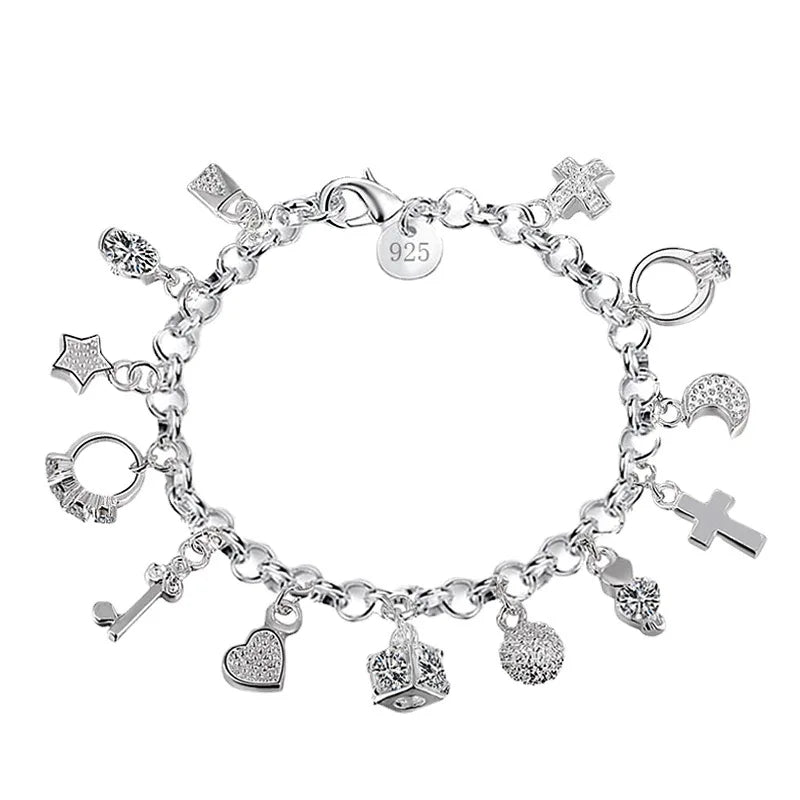 Top Quality 925 Sterling Silver Color Bracelet Nice Moon Heart Clock Ball Cube Star Charms Jewelry for Women Girls Qme