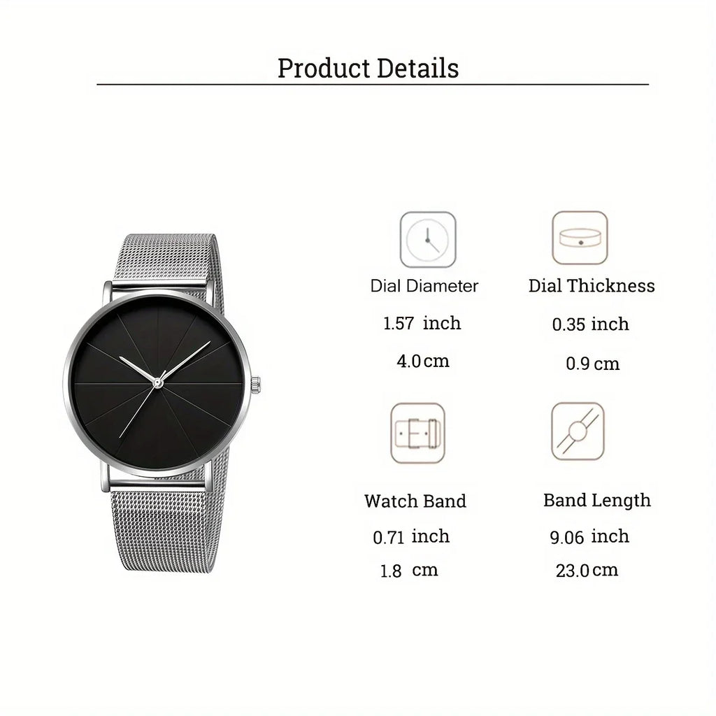 Casual Round Pointer Quartz Watch Large Geo Dial Analog Mesh Strap Wristwatch For Women Men Qme