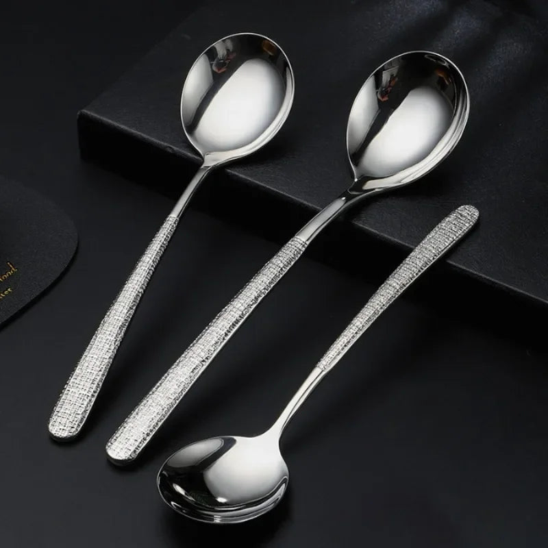 8pcs Stainless Steel Long Handle Spoons, Hammered Texture, Soup Spoons, Tea Spoons, Dessert Spoons, Coffee Spoons Qme