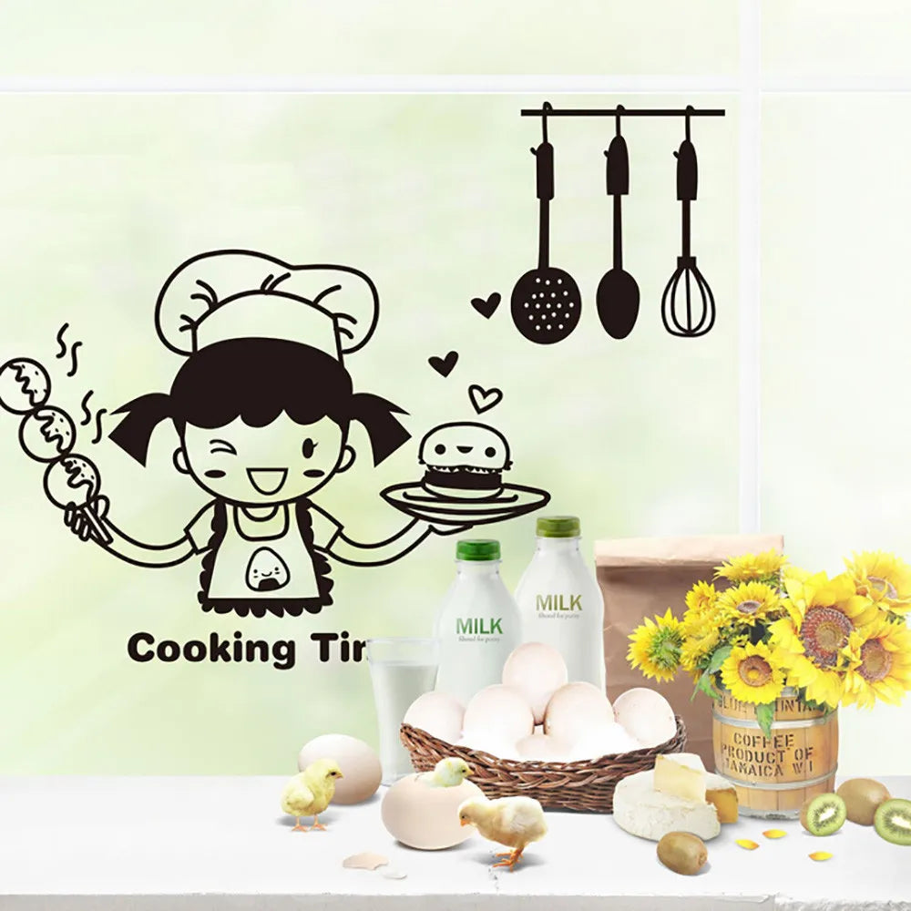 Happy Girl Chef Loves Cooking Wall Sticker Restaurant Bar Kitchen Dining Room Fridge Light Switch Decal DIY Art Home Decor Qme