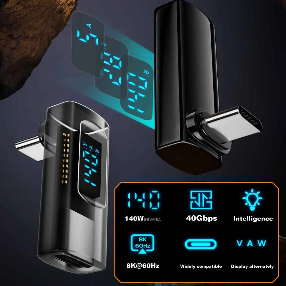USB 4 Type C Adapter 40Gbps 140W 90 Degree USB C Adapter for Thunderbolt 4 3 Cable Connector Right Angle U Shape Digital Display Qme