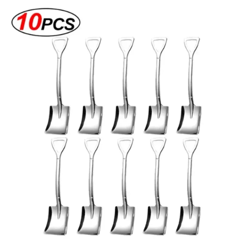 Stainless Steel Shovel Spoon Cutlery Coffee Tea Spoon Ice Cream Dessert Fruit Party Scoop Teaspoon Kitchen Tableware Cutlery Set Qme B-10PCS