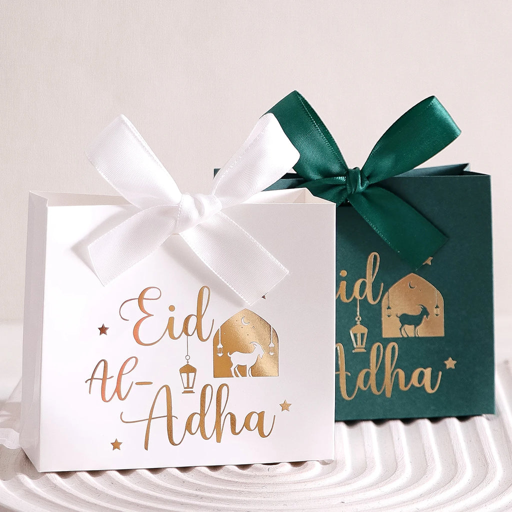5 Eid Al-Adha Gift Boxes, Beautiful Sheep and Calligraphy Text Design, Pastel Colors, Ribbon Handles, Perfect for Eid Al-Adha Pa Qme