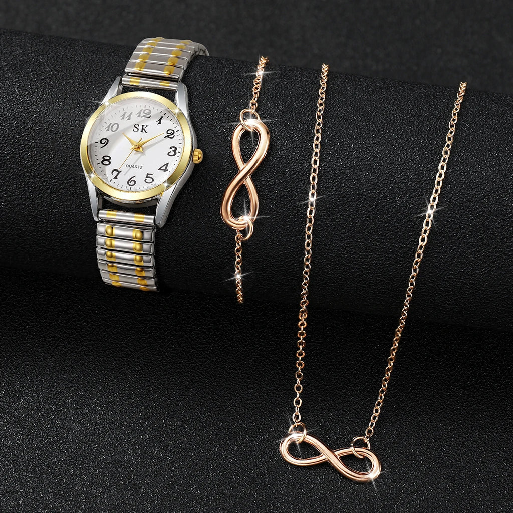 Three piece set of gold stretchable steel strip women's digital watch infinite symbol bracelet necklace, not including gift box Qme