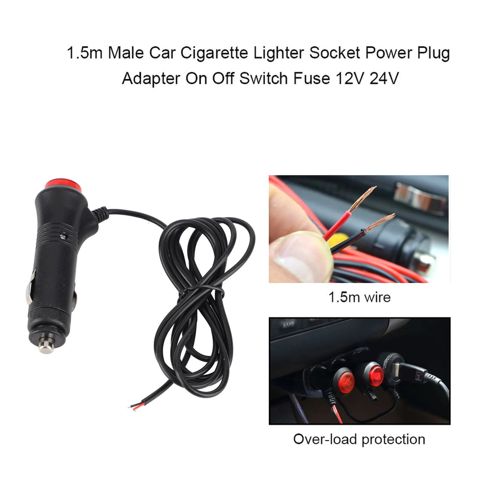 Car Male Cigarette Lighter Plug 1.5m Male Car Cigarette Lighter Socket Power Plug Adapter On Off 12V 24V Qme