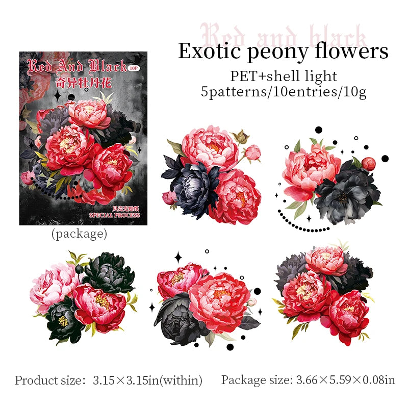 10 Pcs PET Red black flowers Sticker Decoration Natural plants Stickers DIY Diary Album Scrapbook material junk journal supplies Qme C