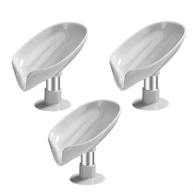 Leaf Design Drain Soap Box With Suction Cup Decorative Plastic Self Draining Bathroom Soap Tray Bathroom Organizers Storage Qme 3pcs Grey