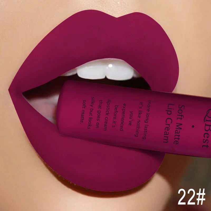 QIBEST Matte Liquid Lipstick Waterproof Lasting Velvet Lip Gloss Tint Tube Nude Pigment Red Black Purple Orange Lipsticks Makeup Qme 22
