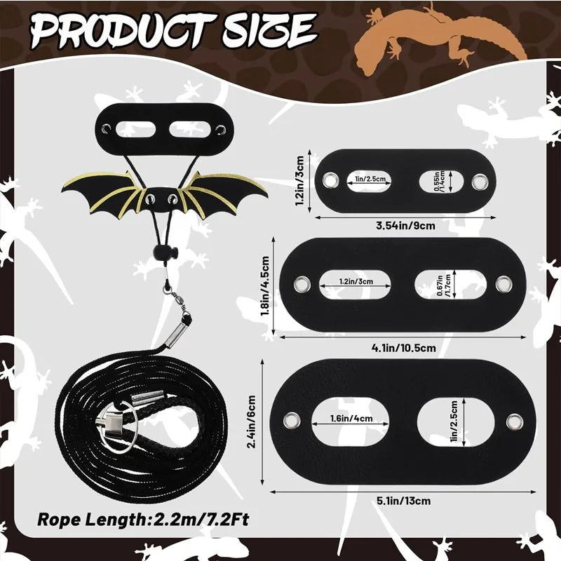 Adjustable ambergris harness, 3 sizes of leather wings, suitable for safe walking of ambergris reptiles on tree leaves Qme