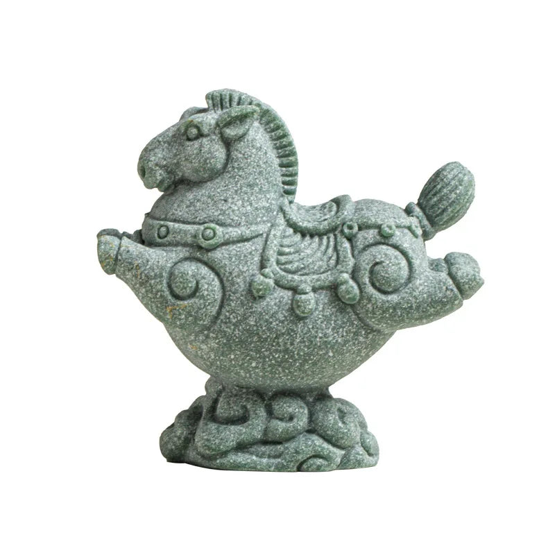 Flying Horse Brings Good Luck Green Sandstone Tea Pet Figurine Wealth Qme