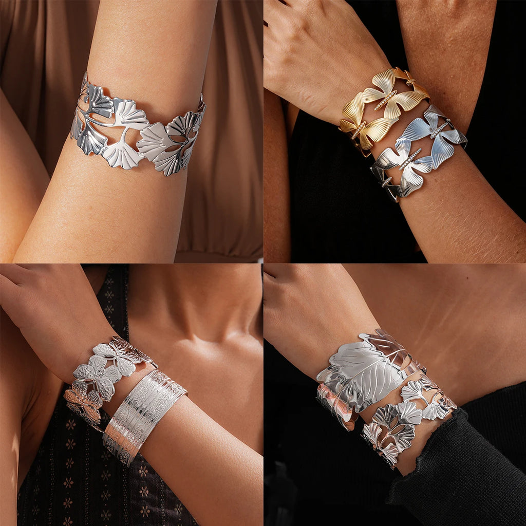 Vintage Ginkgo Leaf Butterfly Open Cuff Bangle Gold Silver Wide Statement Bracelet For Women Boho Party Jewelry Qme