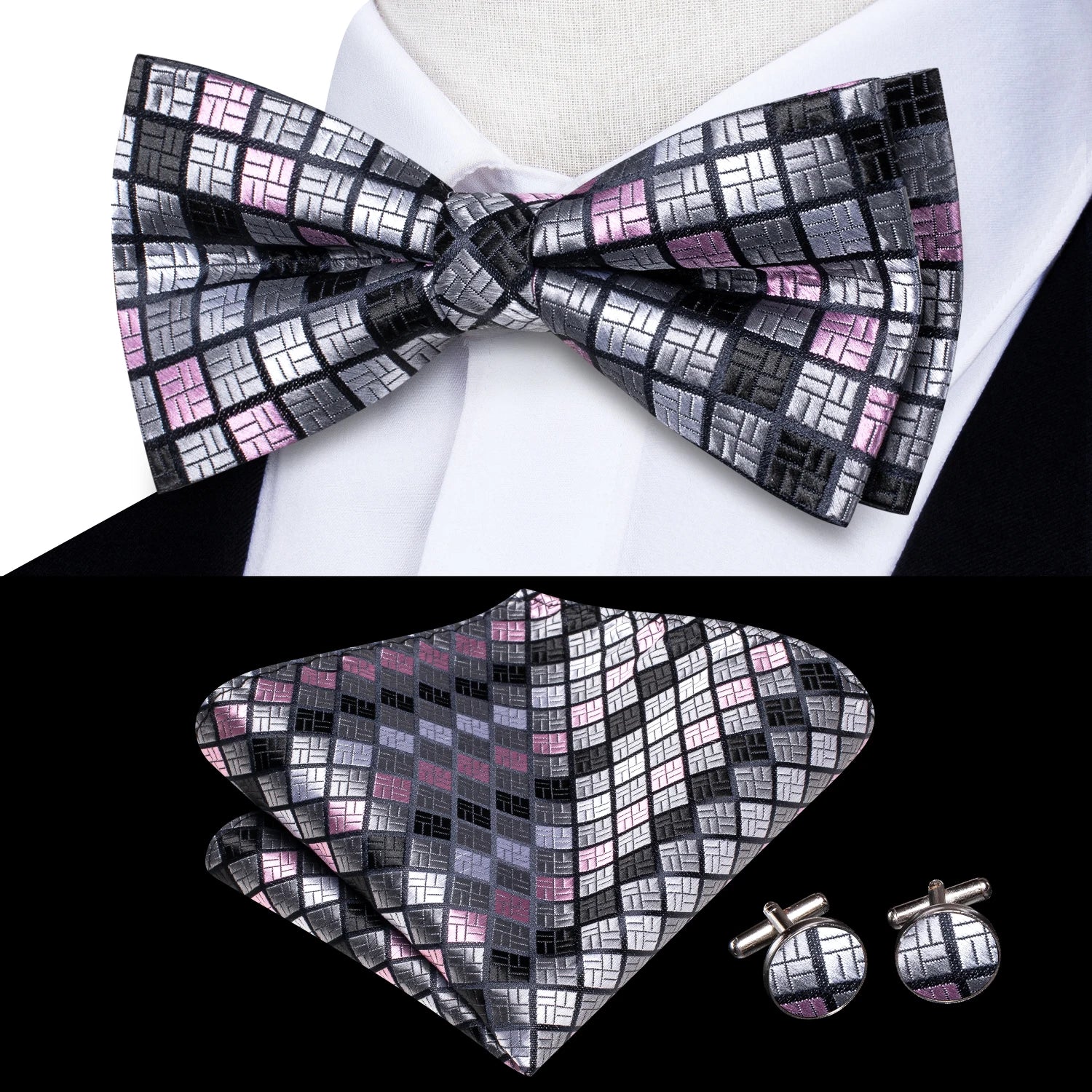 Hi-tie Pink Dot Silk Mens Pre-tied Bow Tie Hanky Cufflink Dusty