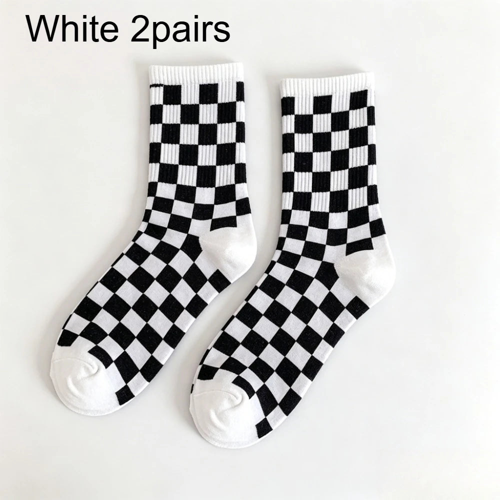 2Pairs Black White Checkerboard Crew Socks Unisex Cotton Breathable Streetwear Skateboard Casual Socks For Men Women Qme One Size White 2 Pairs