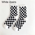 2Pairs Black White Checkerboard Crew Socks Unisex Cotton Breathable Streetwear Skateboard Casual Socks For Men Women Qme One Size White 2 Pairs