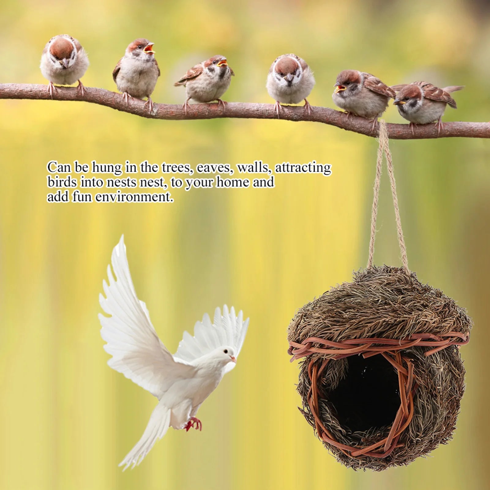 Handmade Woven Bird Nest Cage Hanging Parrot House Hamster Small Pet Nest Cage Natural Straw Bird Hut Home Decor Animal Hideout Qme