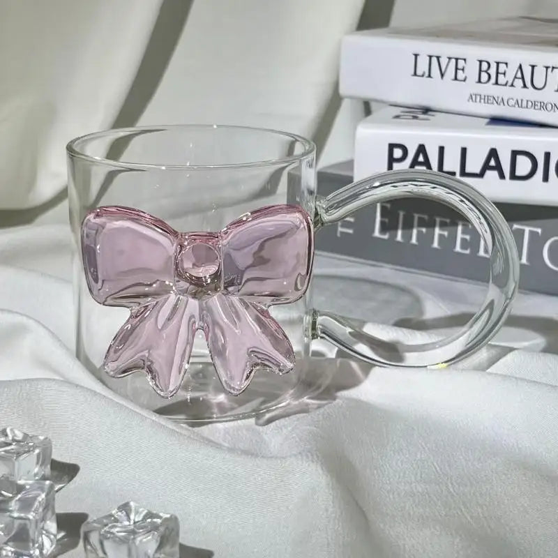 Pink Large Bow Glass Decor Cup Handle Glasses Heat-resistant Qme
