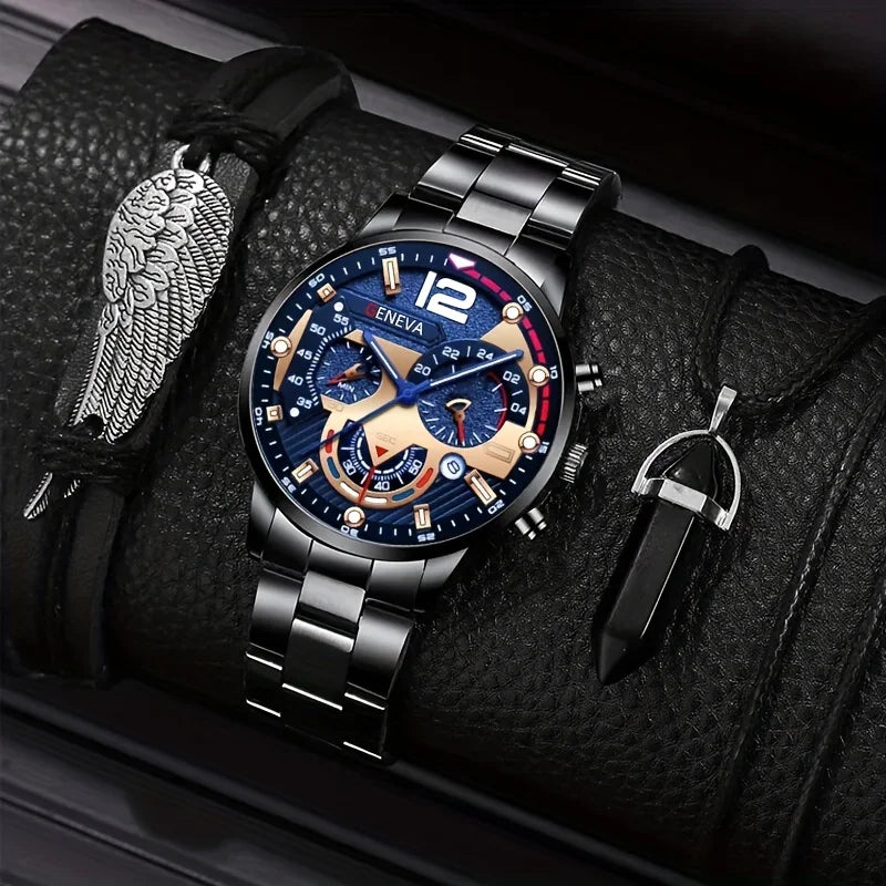 3pcs/set, Fashion Men's Business Quartz Watch & Casual Wing Bracelet & Hexagonal Pendant Necklace Qme 3 No