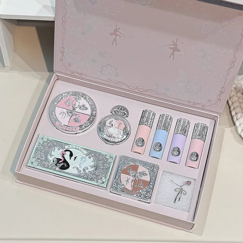 NICEKEY Pink Ballet Makeup Sets Include 4 Lip Mud,1 Blush,1 Pressed Powder,1 Eyes Palette,1 Contour Palette With Necklace Gift Qme Set B
