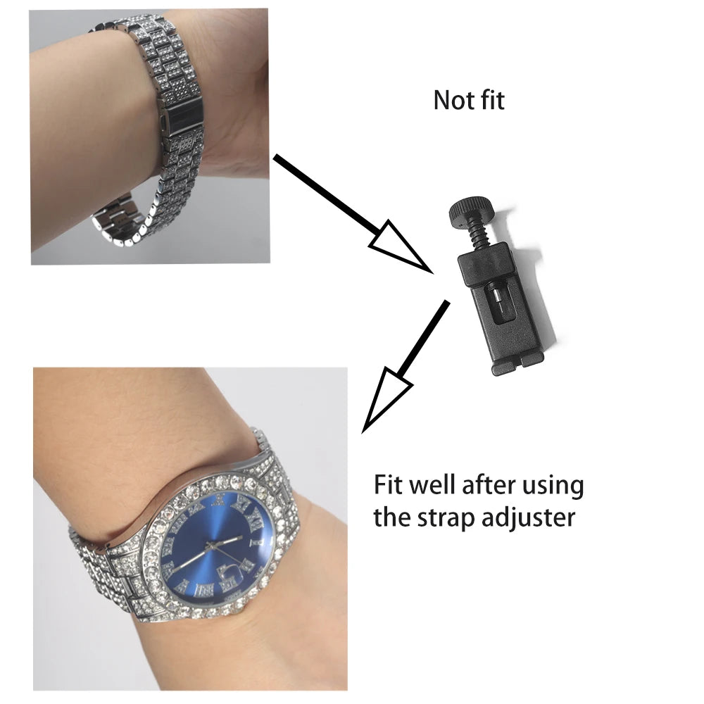 3pcs Men's Silver Watch Set Hip-hop Punk Inlay Diamond Watch+Cuban Chain+Bracelet Comes With Strap Adjuster Stylish Jewelry Gift Qme