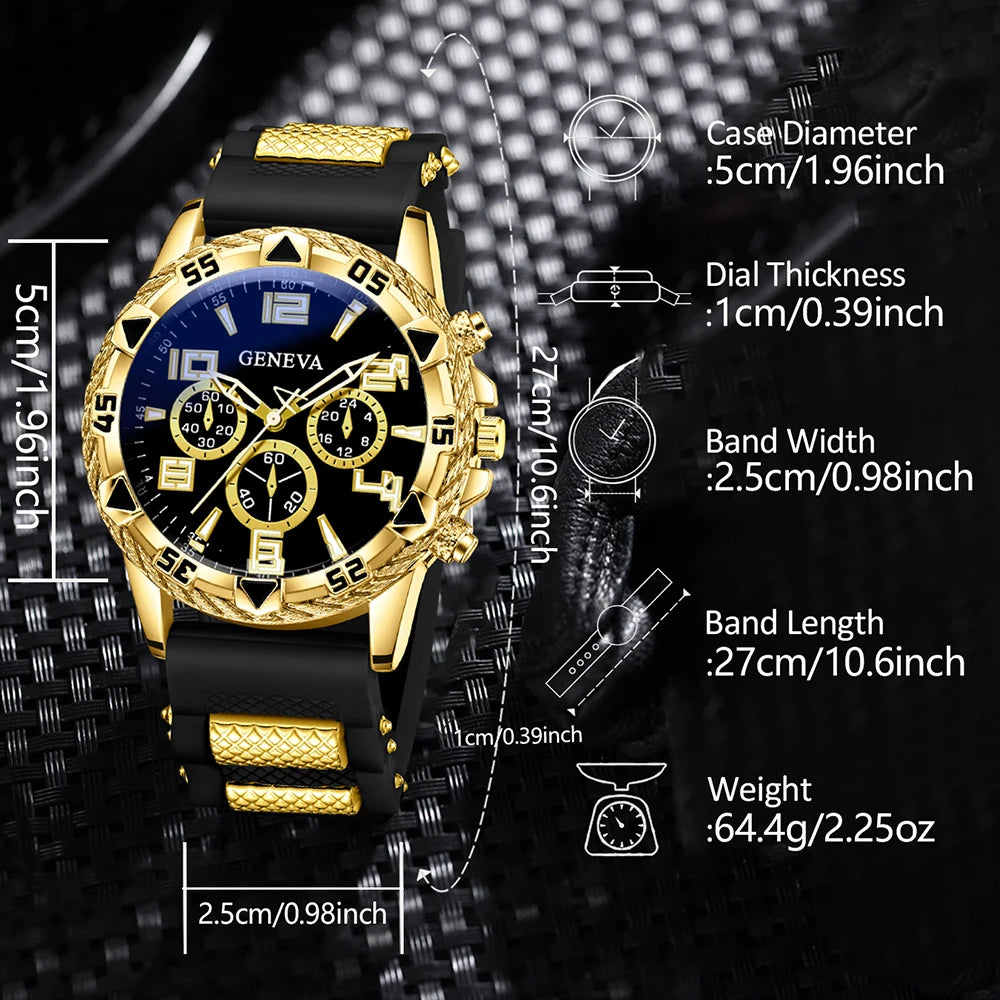 Geneva Black Gold Tape Three Eye Men's Sports Watch Cuban Bracelet Cross Necklace Fried Dough Twists Ring Set of Four Qme