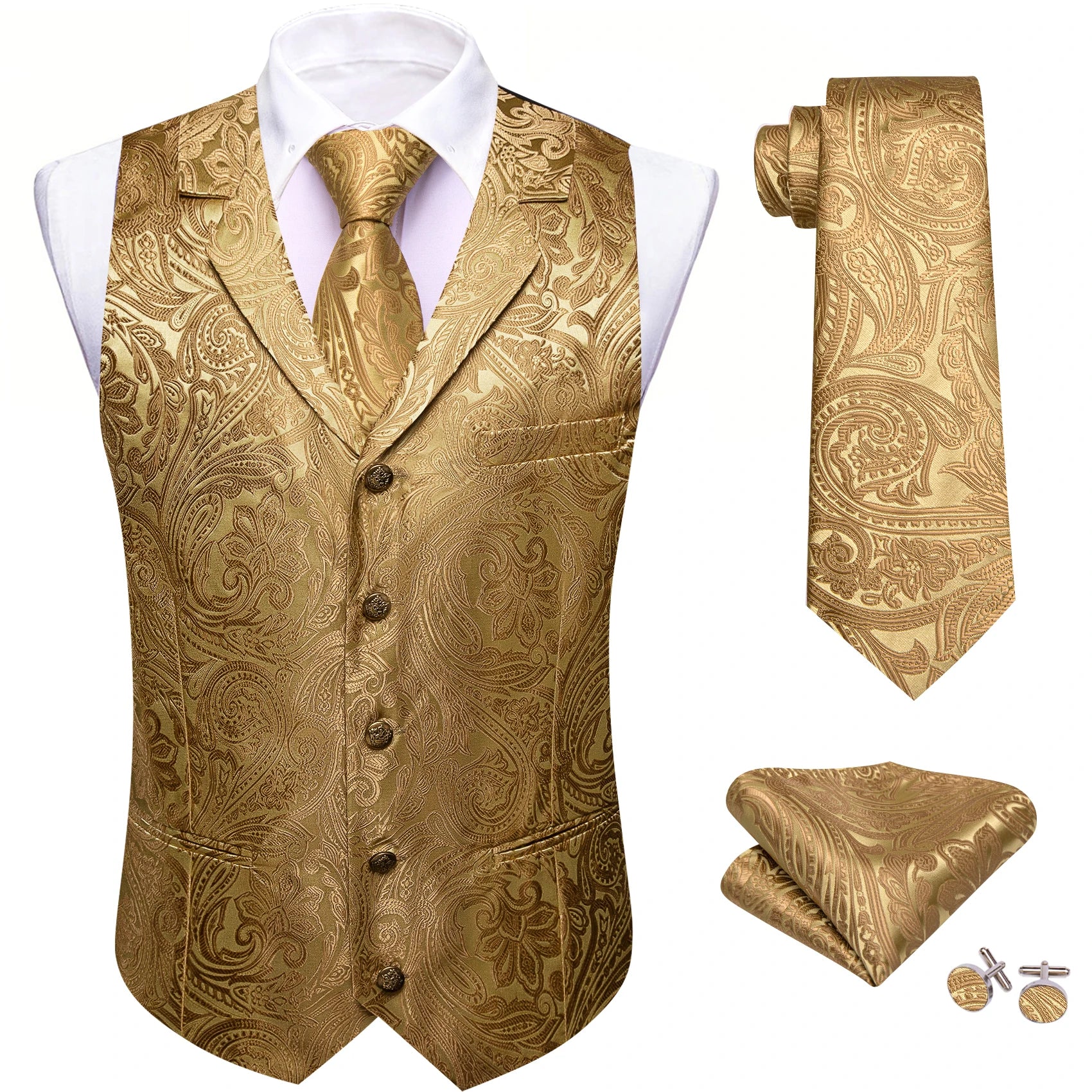 Men's Jacquard Waistcoat Half Notch Lapel Vest Necktie Pocket Square Cufflinks Set Formal Wedding Party Prom Business Suit Vests Qme BW-MJTZ2019 M