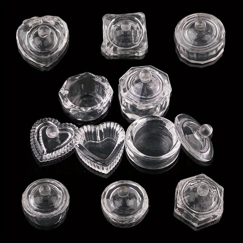 Clear Nail Art Acrylic Liquid Powder Dappen Dish Bowl Sweet Heart Multi-shaped Glass Crystal Cup With Cap Lid Bowl Qme