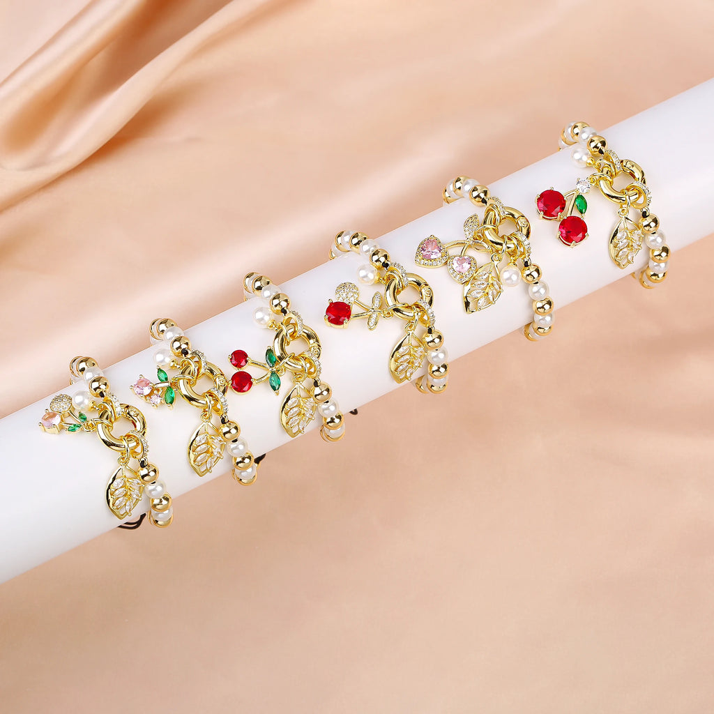 High Quality Pearl Chain Braided Crystal Cherry Adjustable Rope Bracelet Charming For Woman Girl Party Jewelry Gift Daily Wear Qme