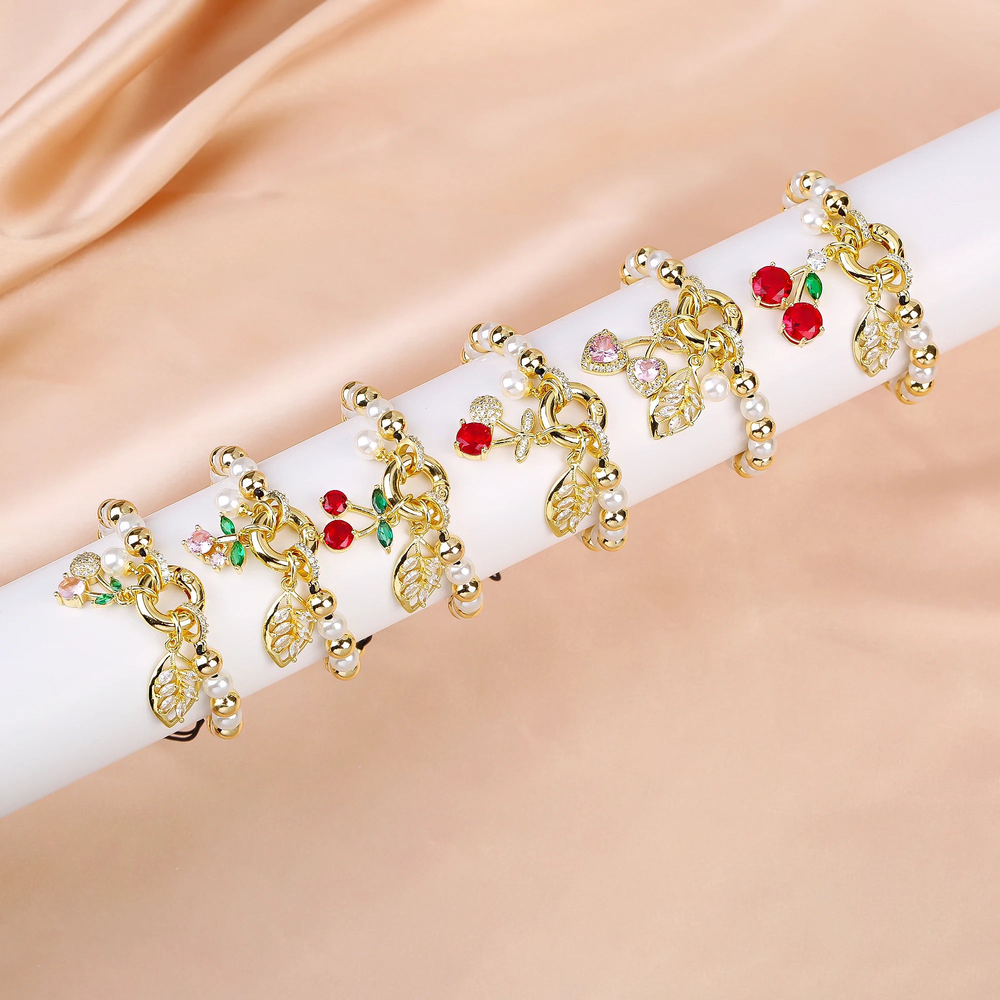 High Quality Pearl Chain Braided Crystal Cherry Adjustable Rope Bracelet Charming For Woman Girl Party Jewelry Gift Daily Wear Qme