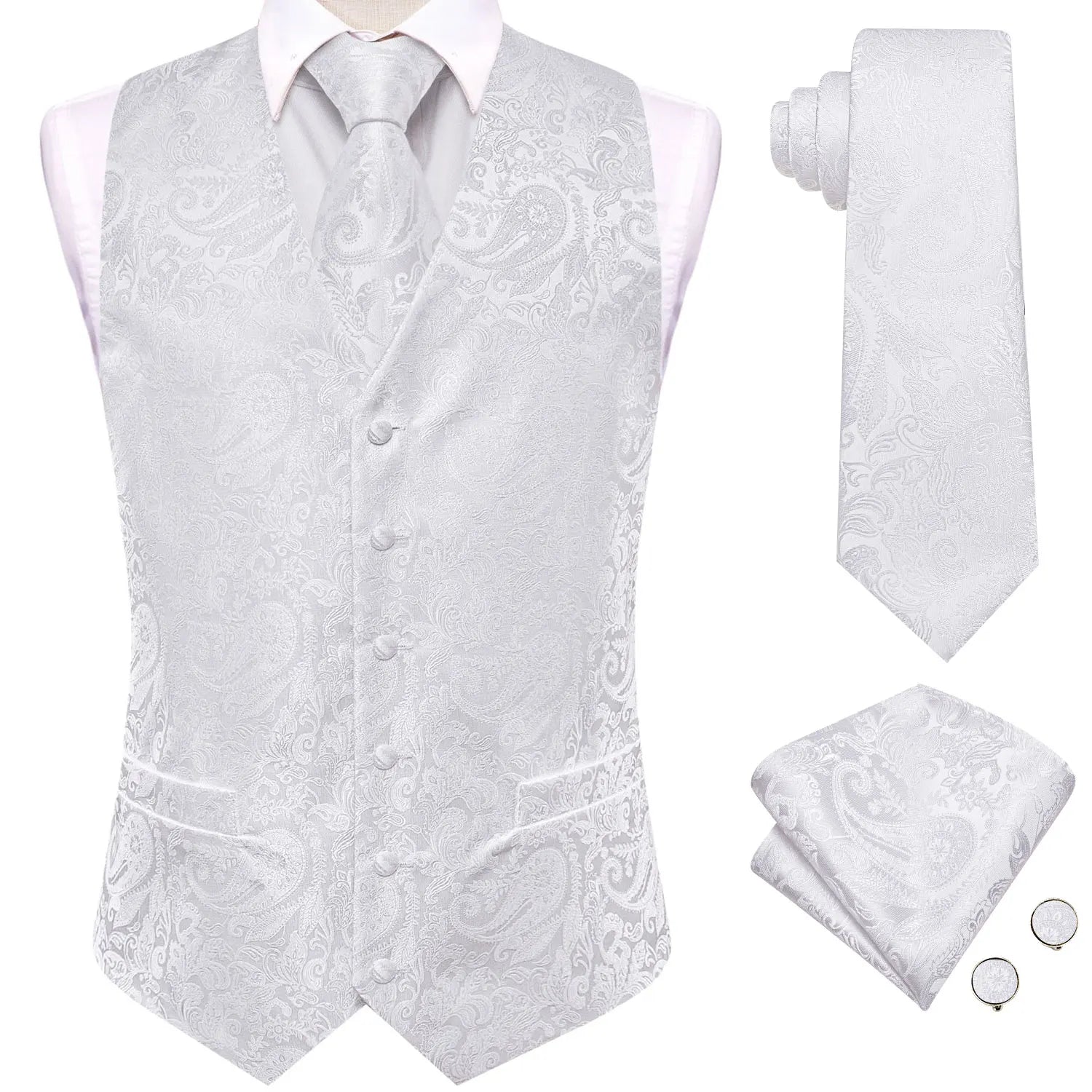 Men's Floral Vest Tie Hanky Cufflinks Formal Biege Grey White Qme MJTZ3510 XXXL