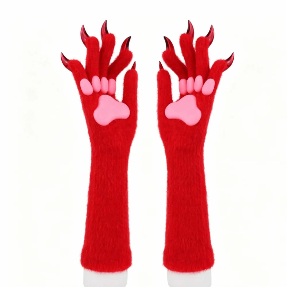 Long Cat Claw Gloves Furry Cute Animal Hand Silicone Paw Pads Cosplay Qme Red