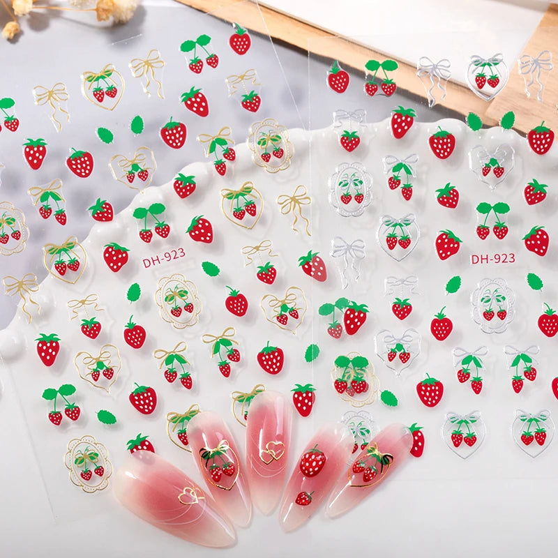 Fresh Sweet Fruits Strawberry Cherry Bowknot Love Heart Bow 5D Nail Qme